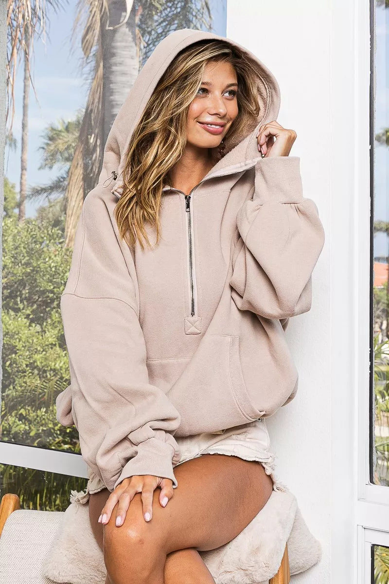 BiBi Stitch Detailed Elastic Hem Half Zip Fleece Hoodie - WYNFLARE