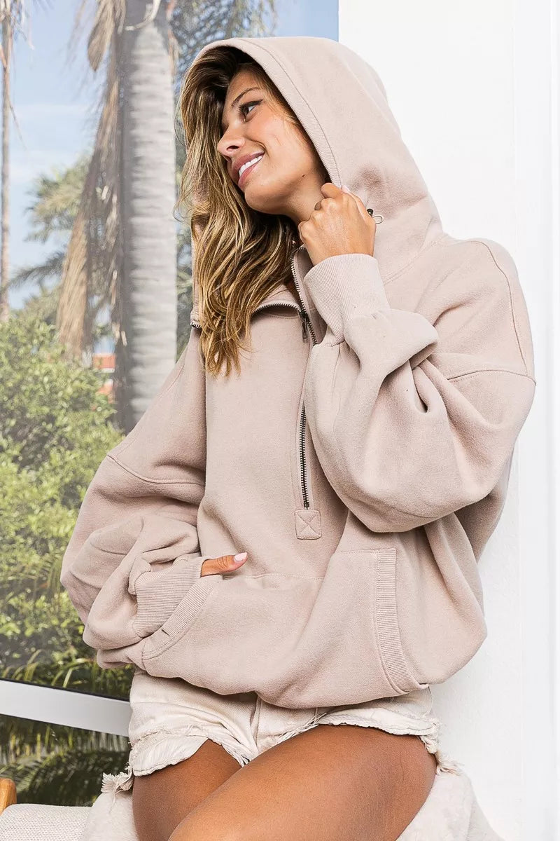 BiBi Stitch Detailed Elastic Hem Half Zip Fleece Hoodie - WYNFLARE