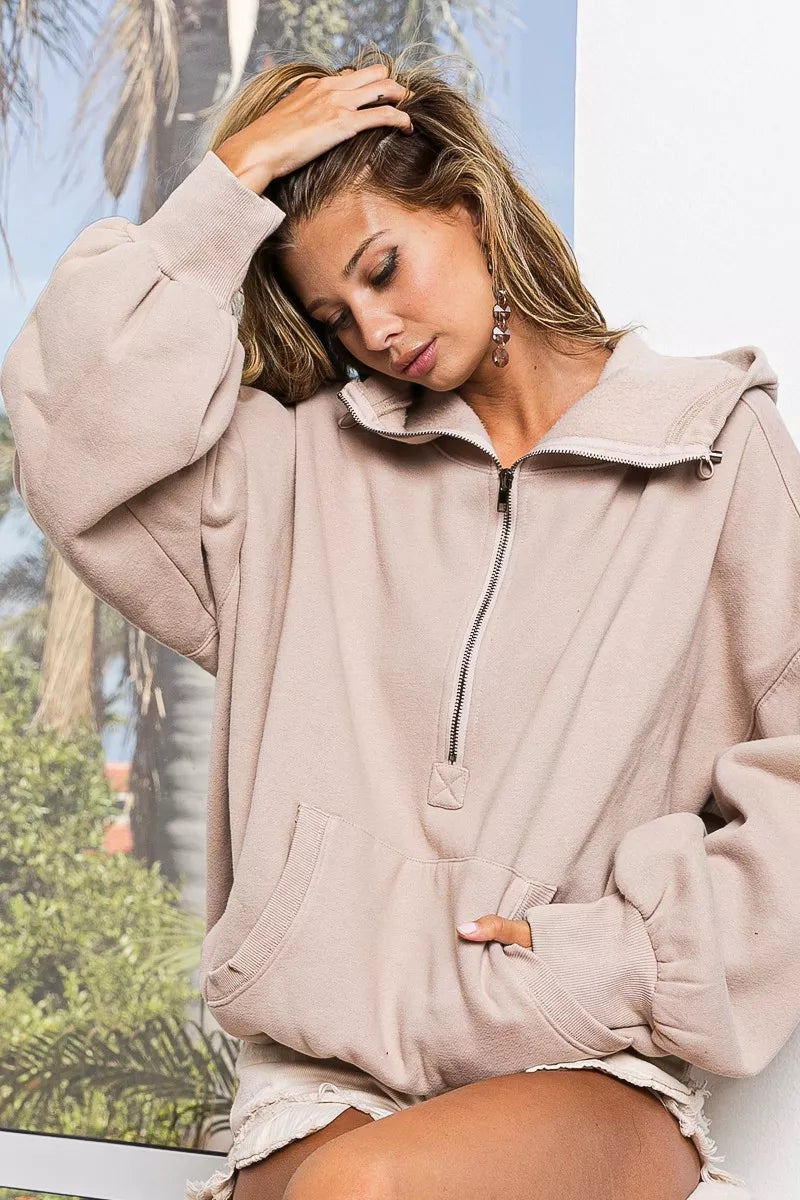 BiBi Stitch Detailed Elastic Hem Half Zip Fleece Hoodie - WYNFLARE