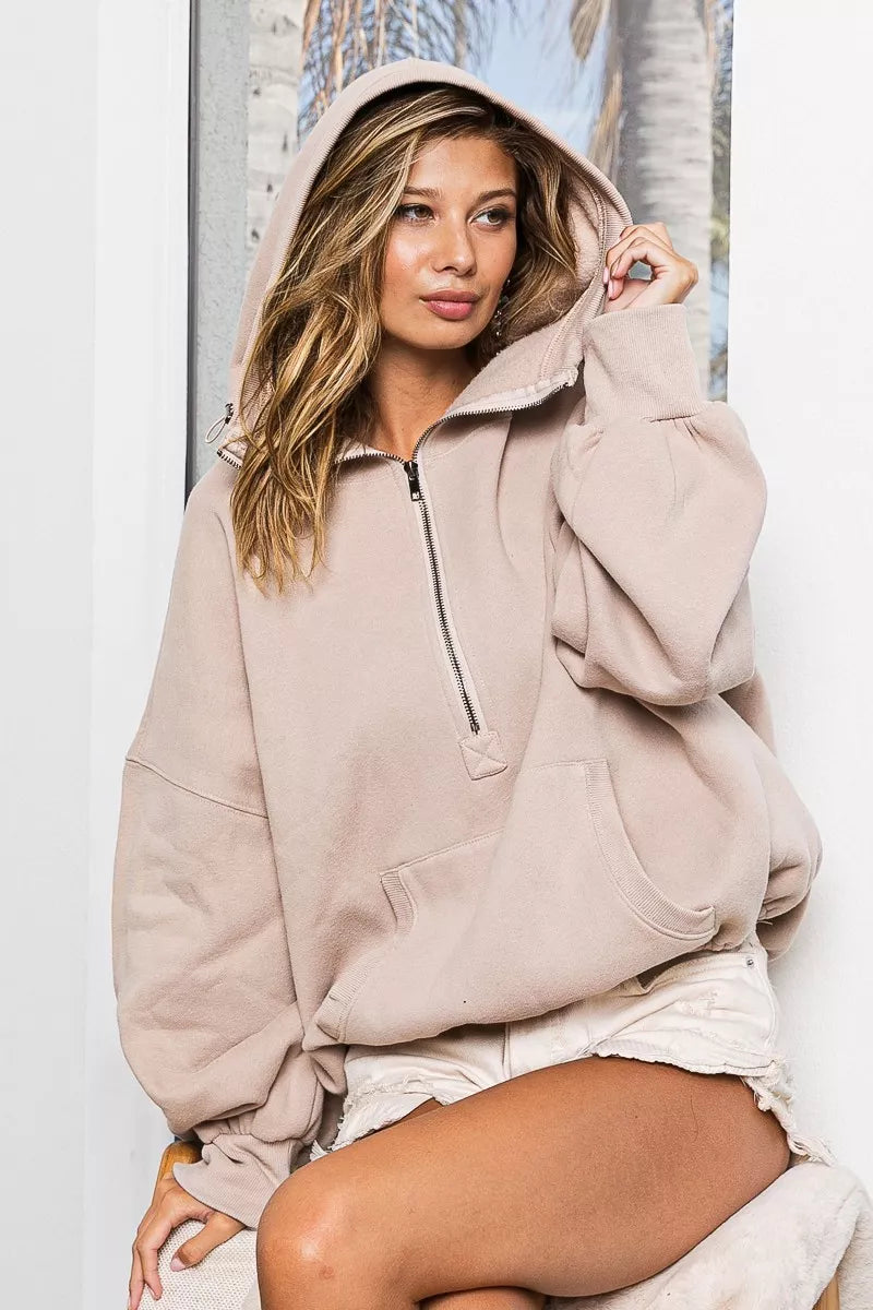 BiBi Stitch Detailed Elastic Hem Half Zip Fleece Hoodie - WYNFLARE