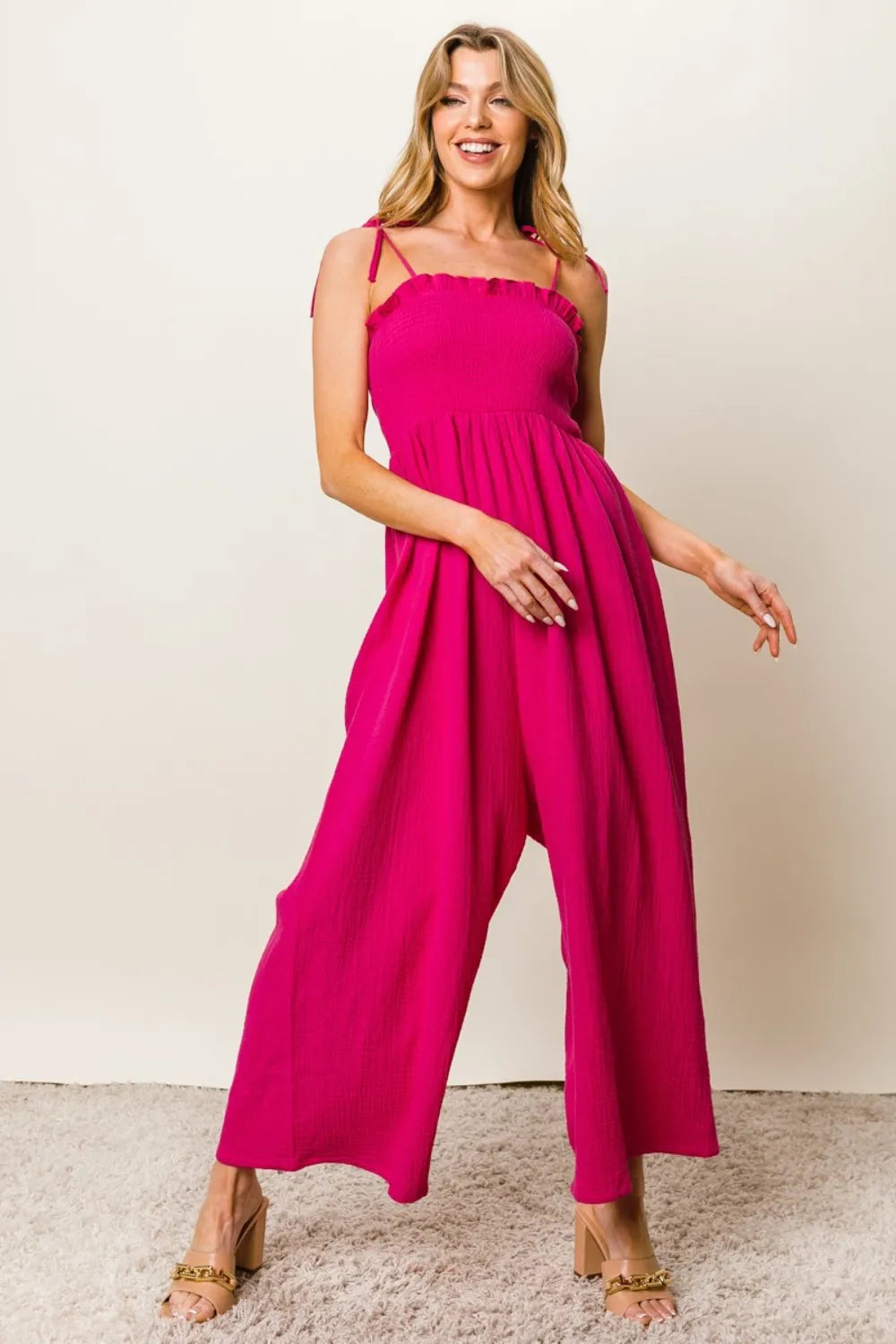 BiBi Texture Smocked Sleeveless Jumpsuit - WYNFLARE