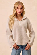BiBi Two Tone Rib Texured Knit Collared Top with Zip Up - WYNFLARE