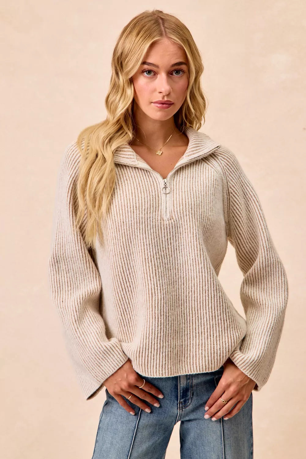 BiBi Two Tone Rib Texured Knit Collared Top with Zip Up - WYNFLARE