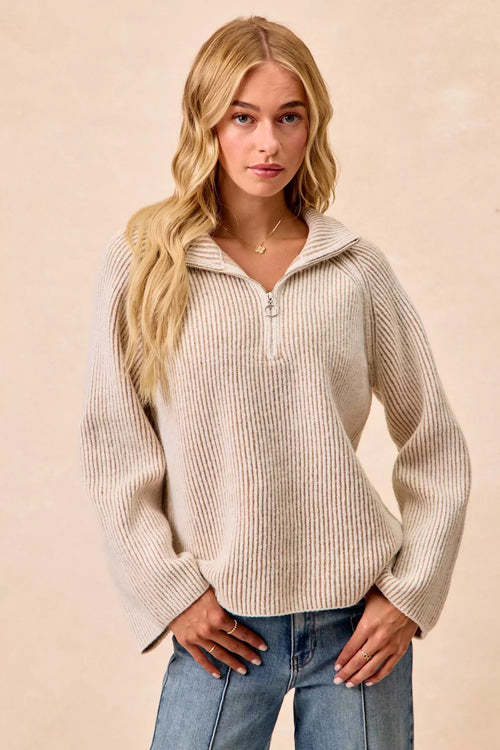BiBi Two Tone Rib Texured Knit Collared Top with Zip Up - WYNFLARE