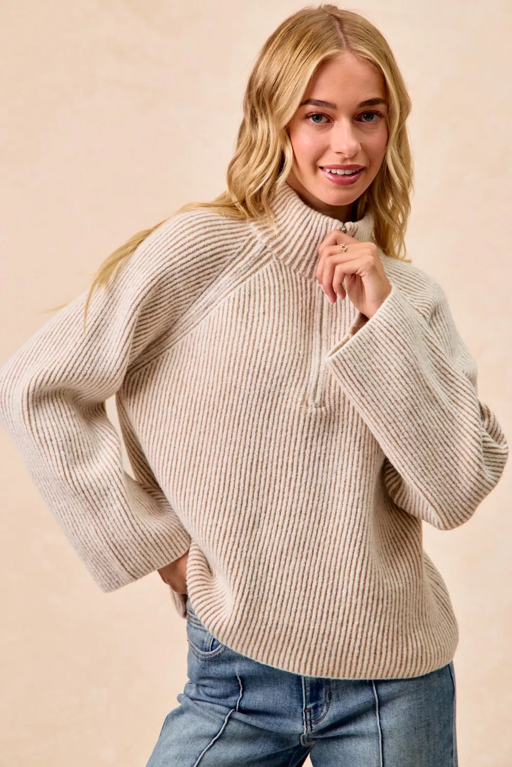BiBi Two Tone Rib Texured Knit Collared Top with Zip Up - WYNFLARE