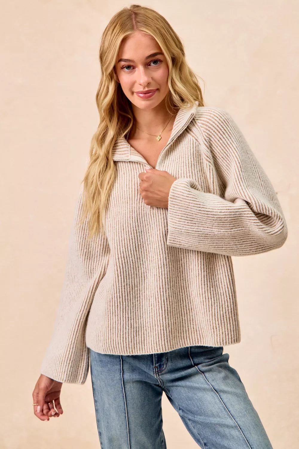 BiBi Two Tone Rib Texured Knit Collared Top with Zip Up - WYNFLARE