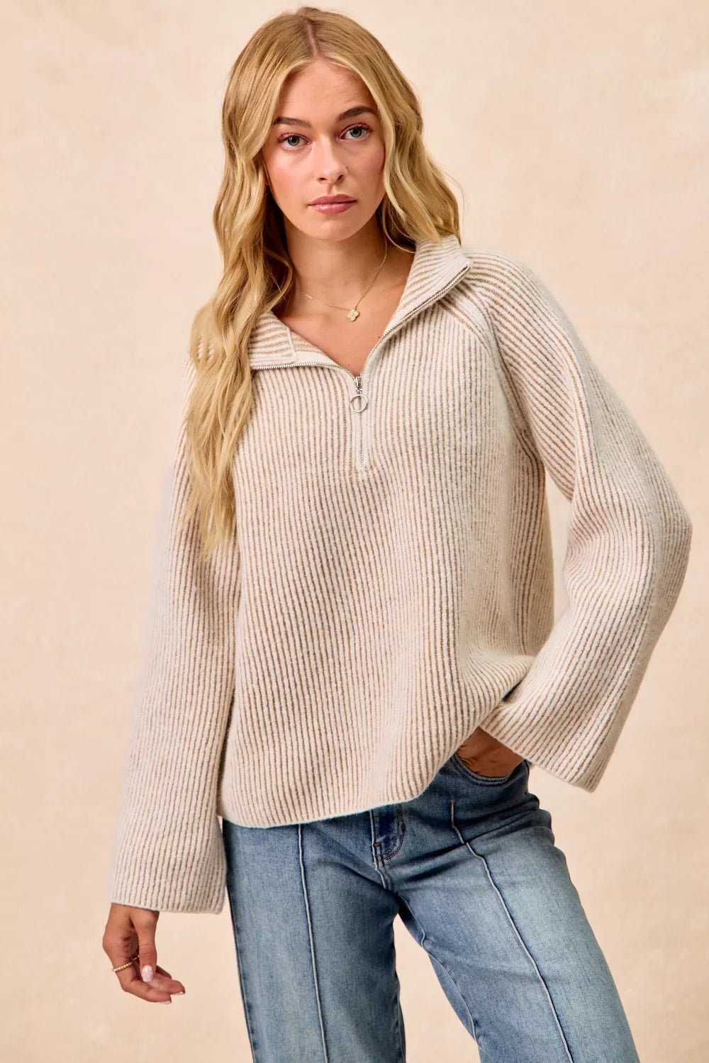 BiBi Two Tone Rib Texured Knit Collared Top with Zip Up - WYNFLARE