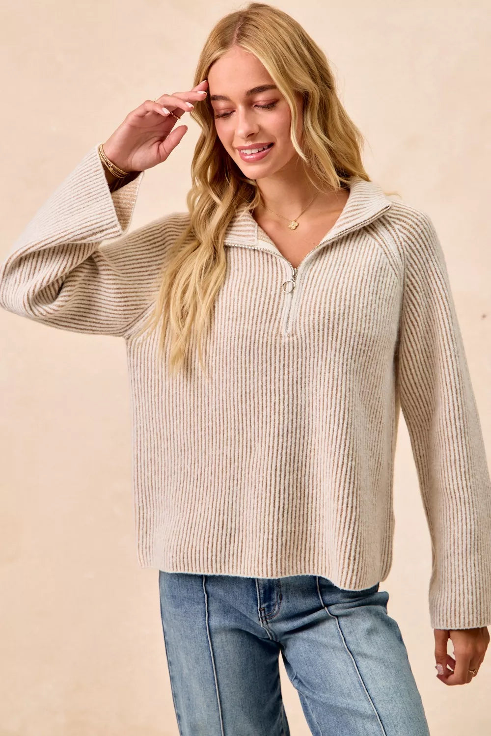 BiBi Two Tone Rib Texured Knit Collared Top with Zip Up - WYNFLARE