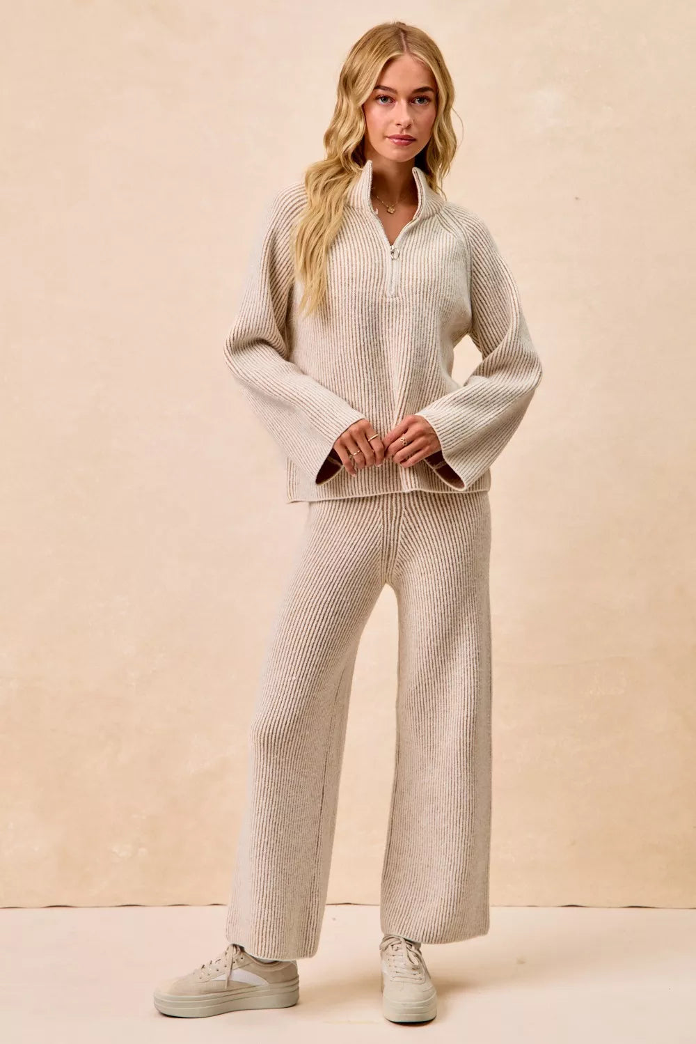 BiBi Two Tone Rib Texured Knit Collared Top with Zip Up - WYNFLARE