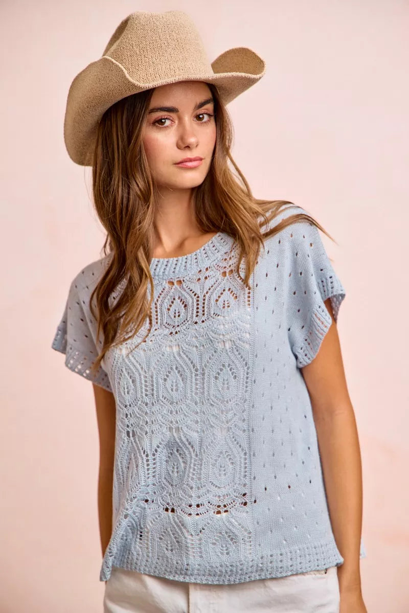 BiBi Washed Eyelet Short Sleeve Breathable Knit Top - WYNFLARE