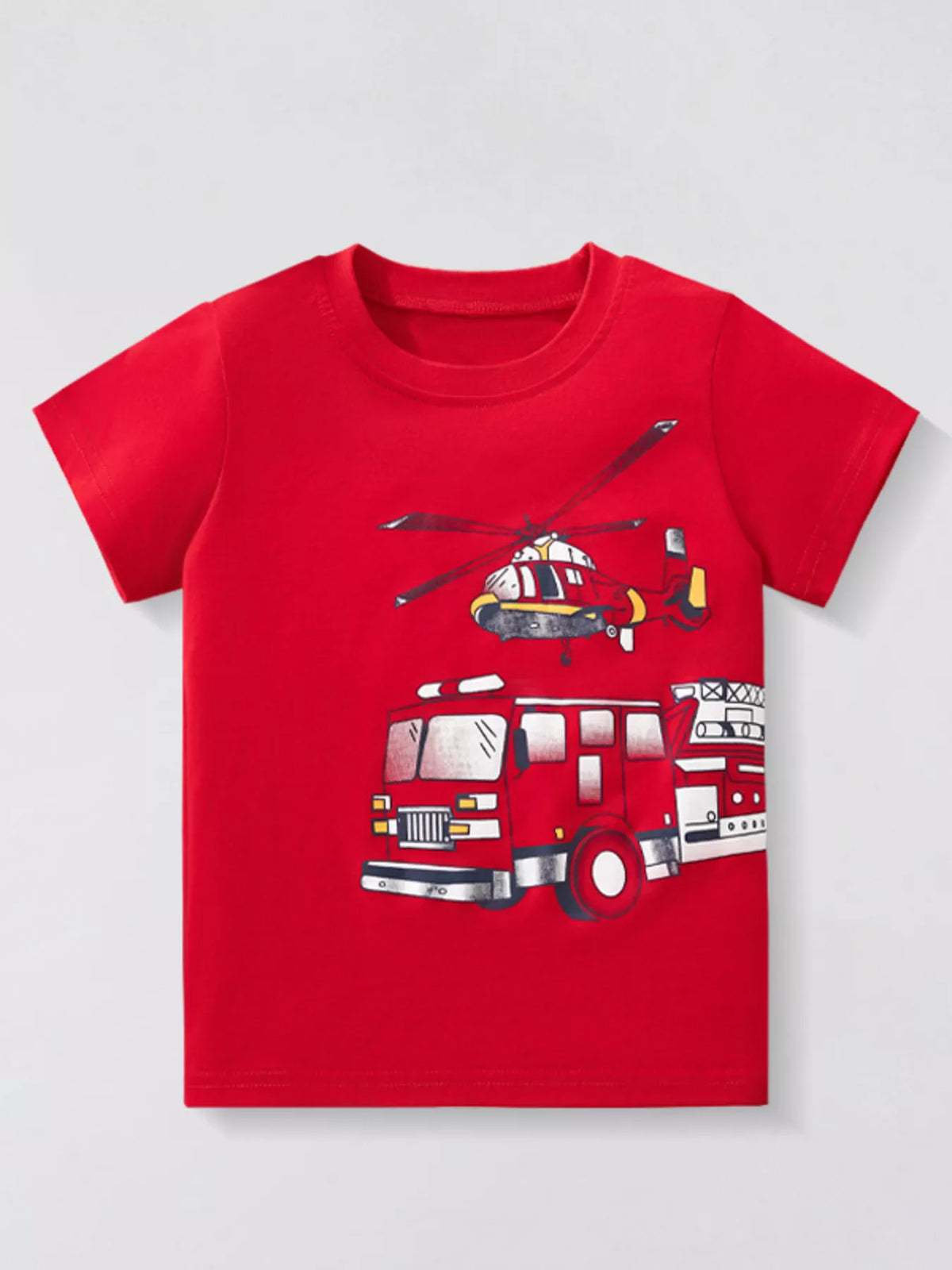 Boys Fire Truck & Helicopter Graphic Tee – Fun Kids' Short Sleeve T-Shirt - WYNFLARE