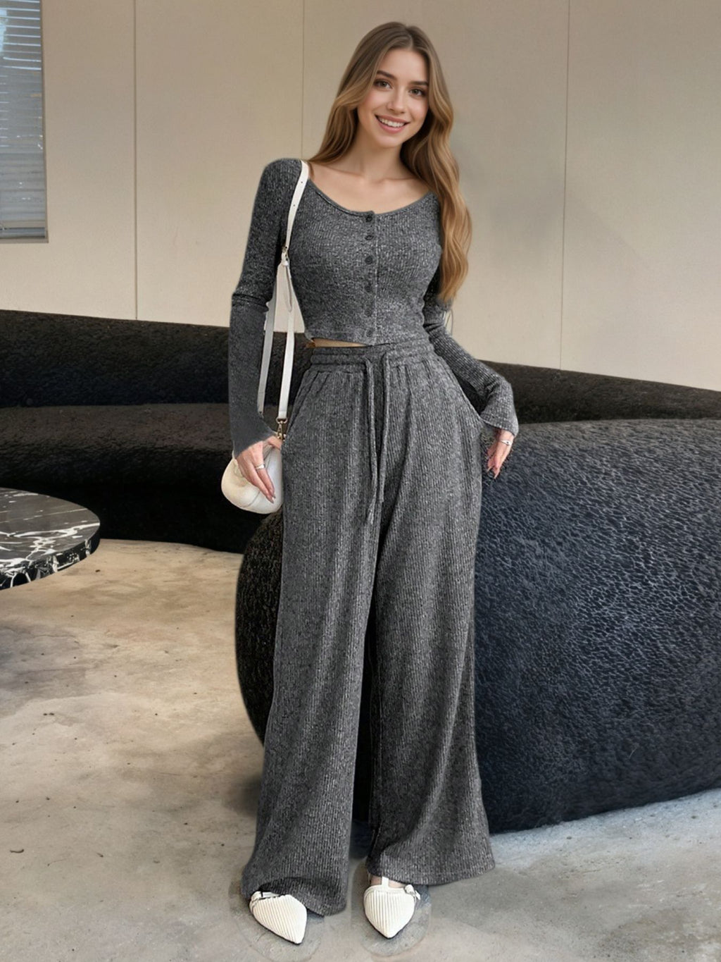 Casual Knit Long Sleeve Top and Wide Leg Pants Set - WYNFLARE