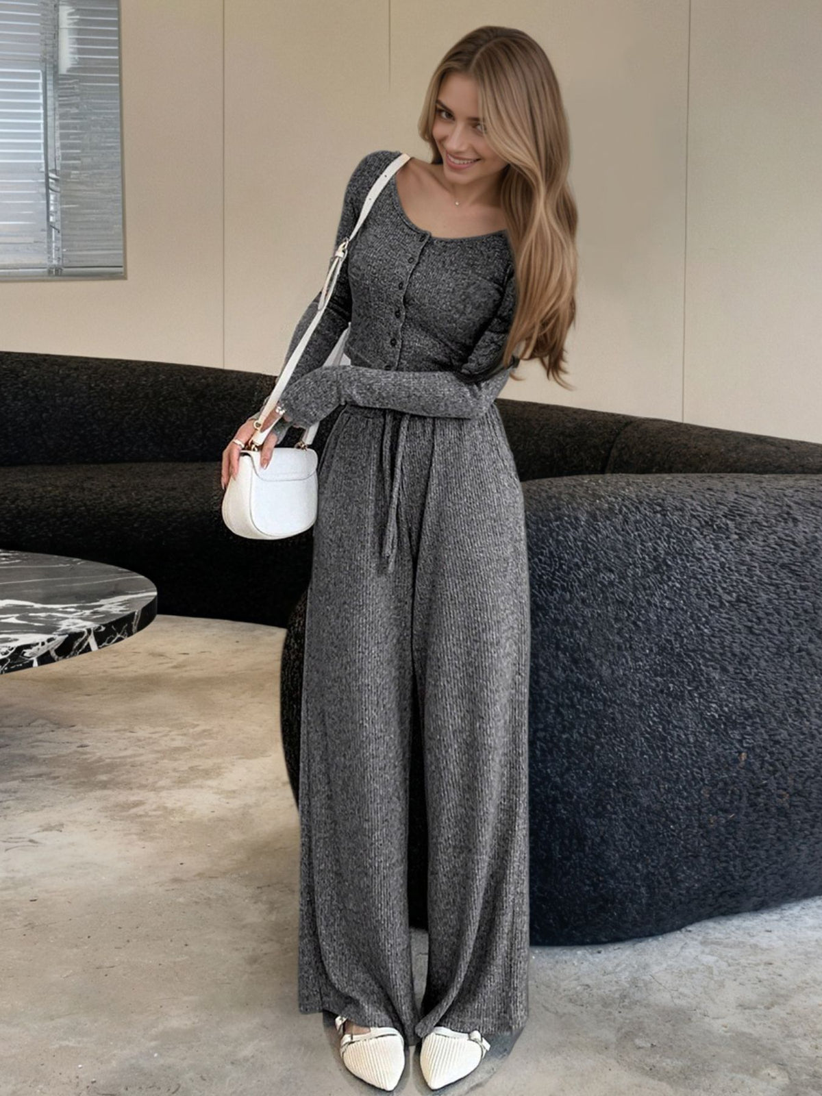 Casual Knit Long Sleeve Top and Wide Leg Pants Set - WYNFLARE