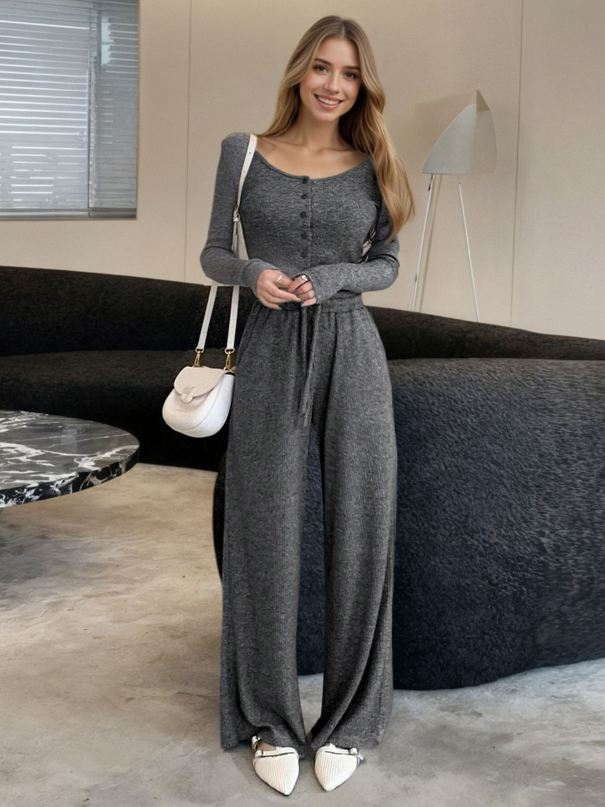 Casual Knit Long Sleeve Top and Wide Leg Pants Set - WYNFLARE