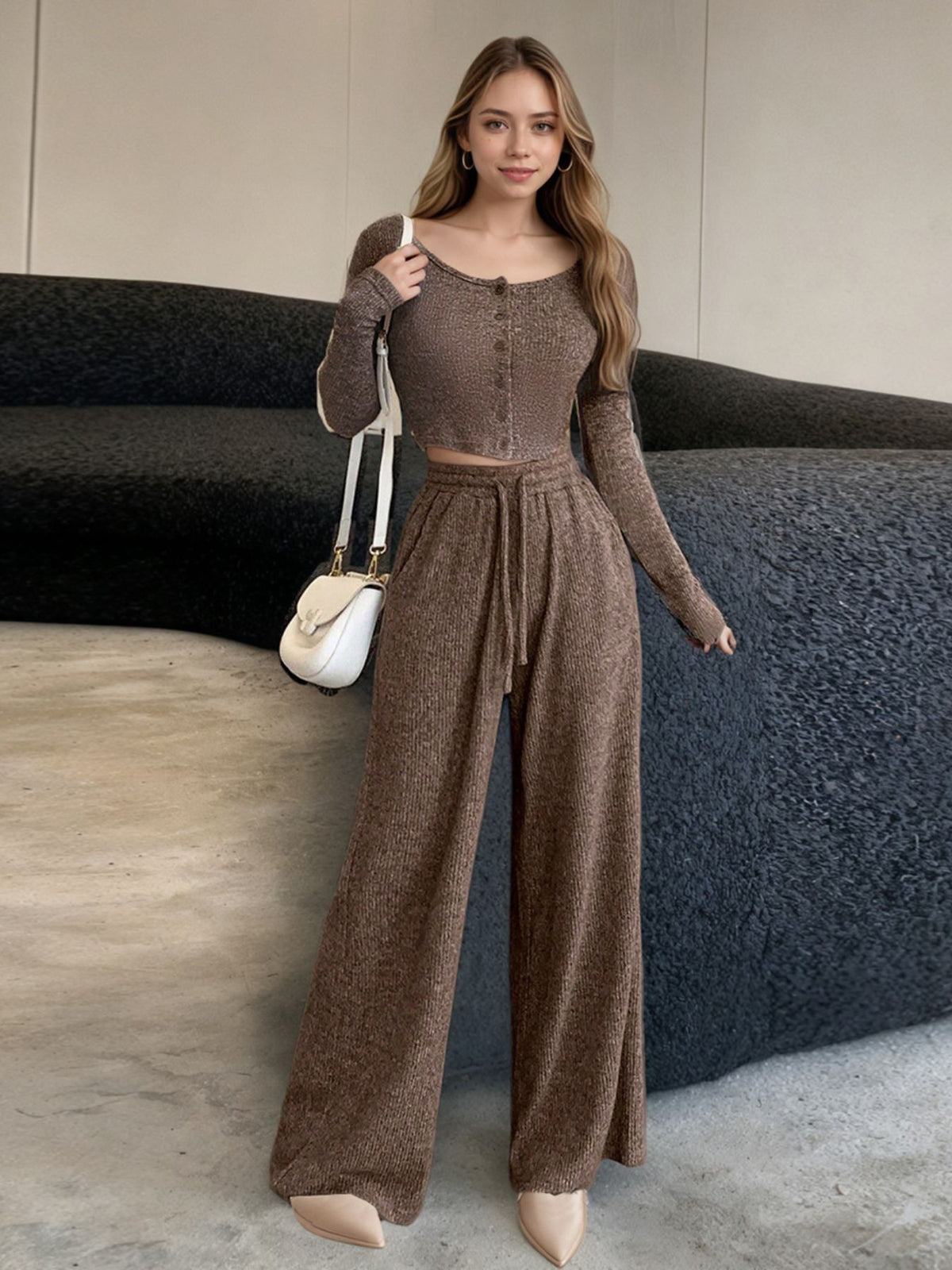 Casual Knit Long Sleeve Top and Wide Leg Pants Set - WYNFLARE