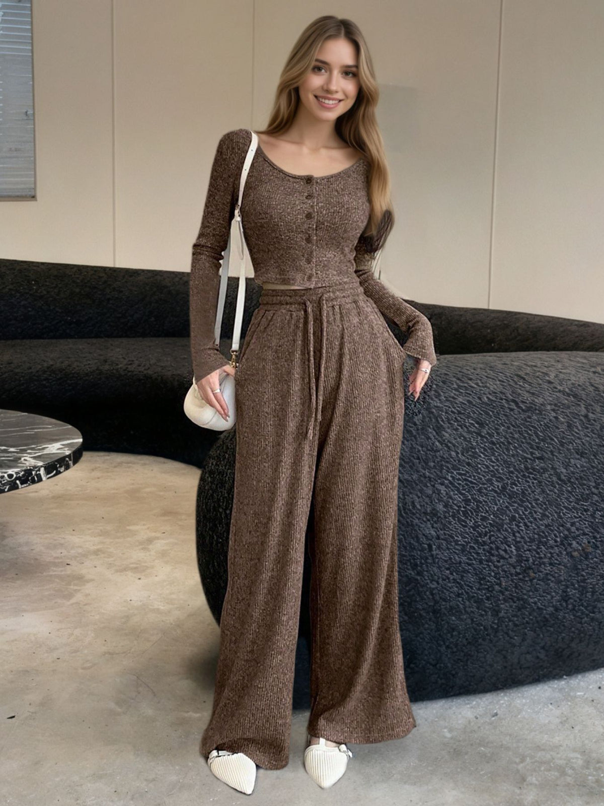 Casual Knit Long Sleeve Top and Wide Leg Pants Set - WYNFLARE