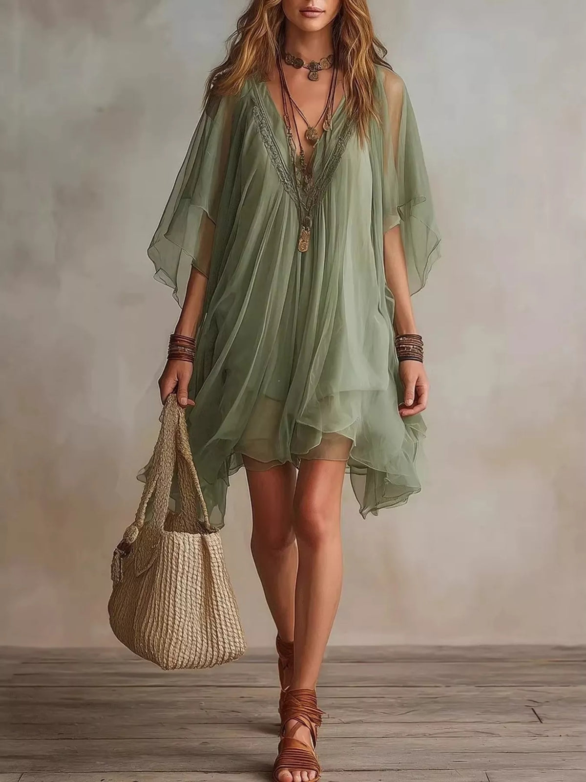 Chiffon V-Neck Mini Dress - WYNFLARE