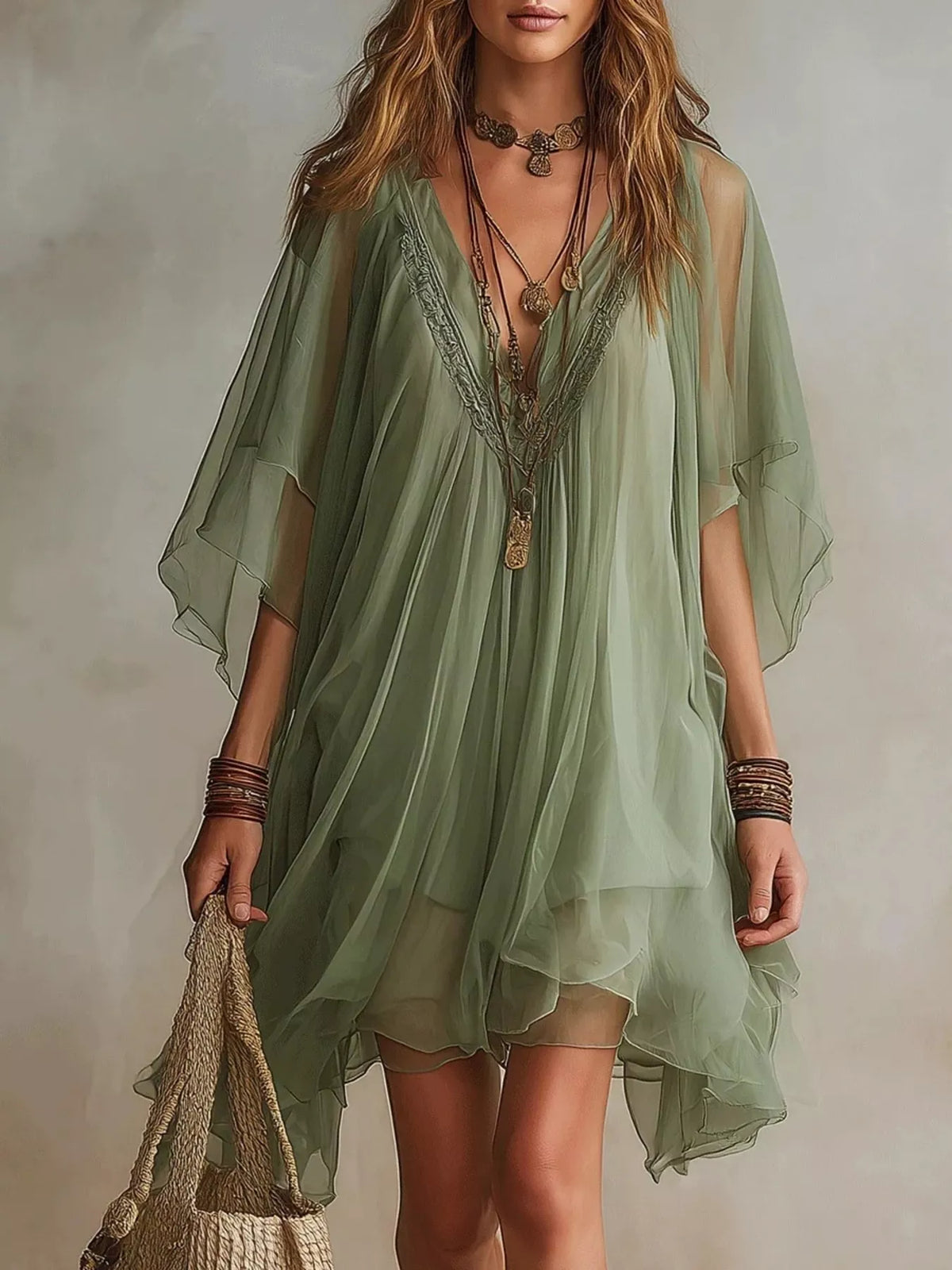 Chiffon V-Neck Mini Dress - WYNFLARE