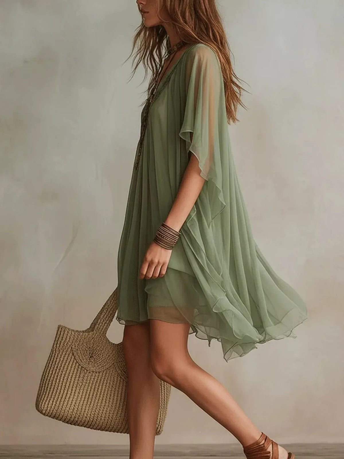 Chiffon V-Neck Mini Dress - WYNFLARE