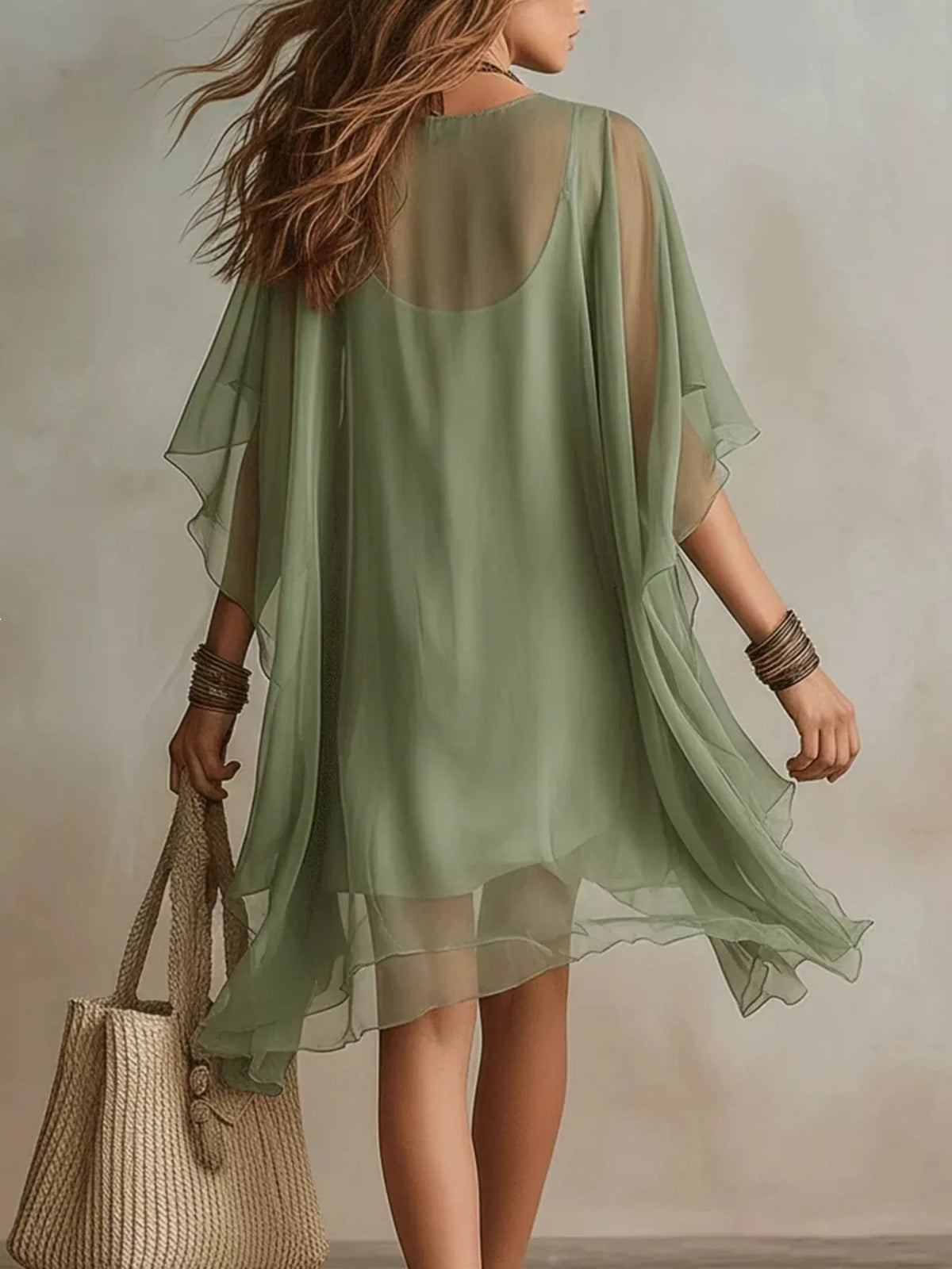 Chiffon V-Neck Mini Dress - WYNFLARE