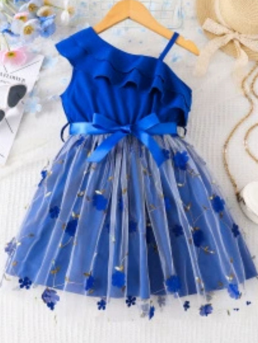 Children's Asymmetrical Neck Ruffled Dress - WYNFLARE