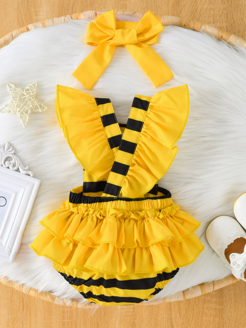 Children's Bee Striped Ruffle Bodysuit Dress with Headband - WYNFLARE