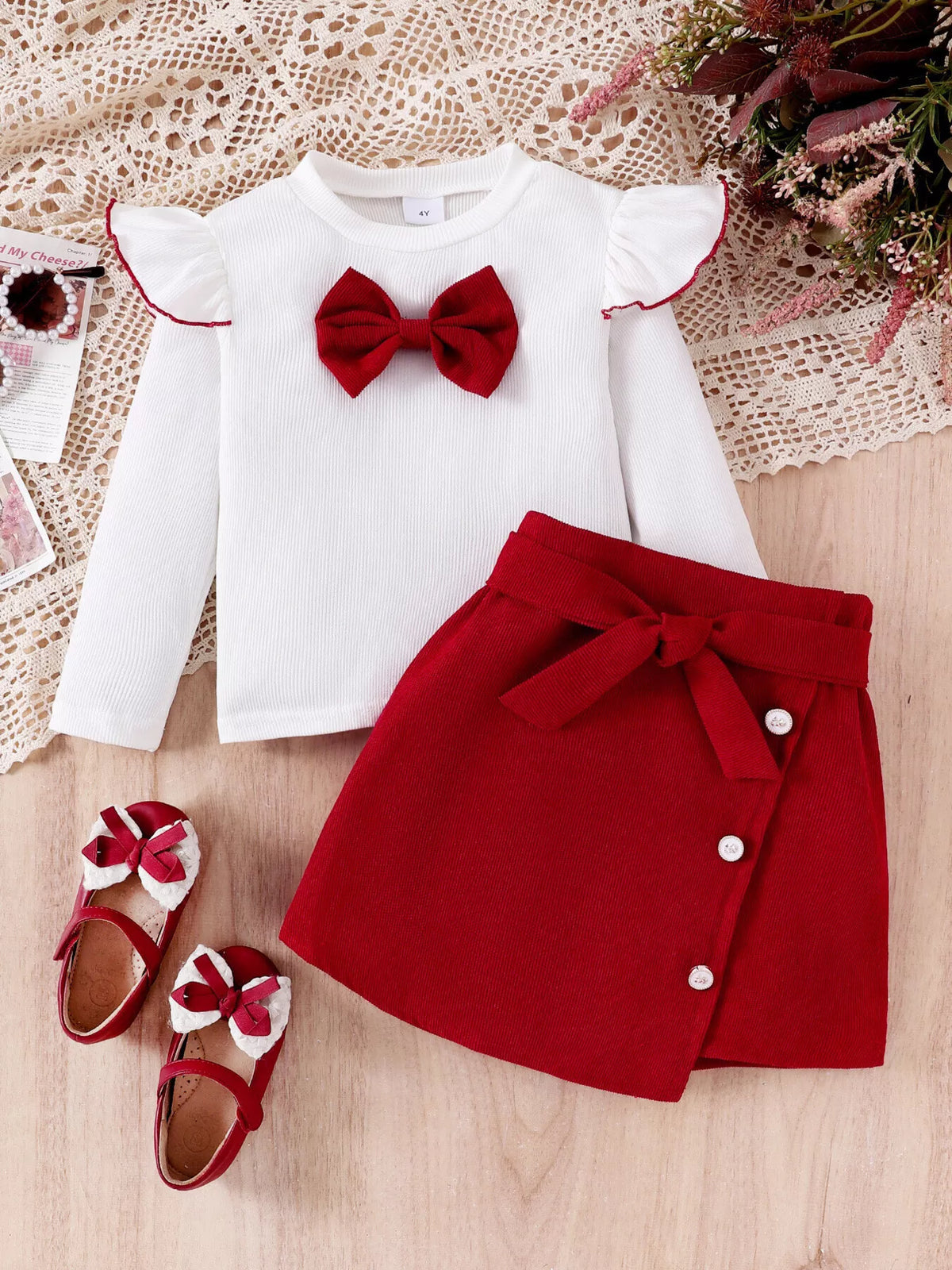 Children's Bow Long Sleeve Top and Skirt Set - WYNFLARE