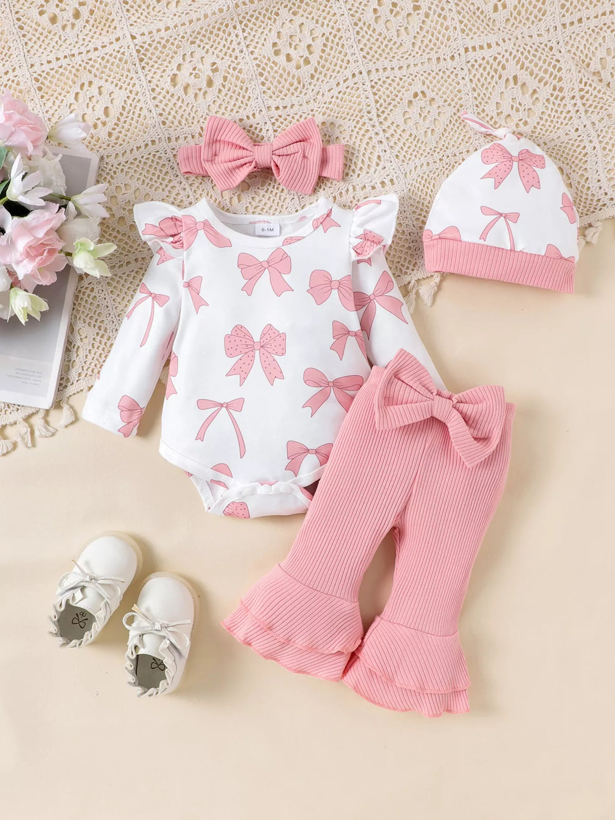 Children's Bow Print Bodysuit and Pants Set with Headband - WYNFLARE