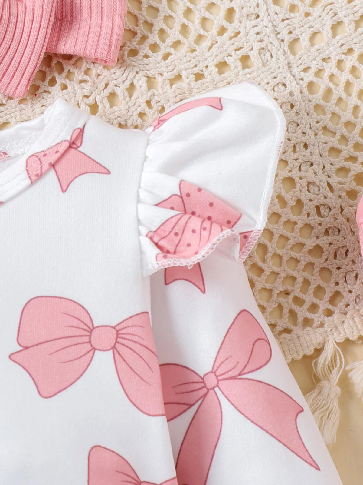 Children's Bow Print Bodysuit and Pants Set with Headband - WYNFLARE
