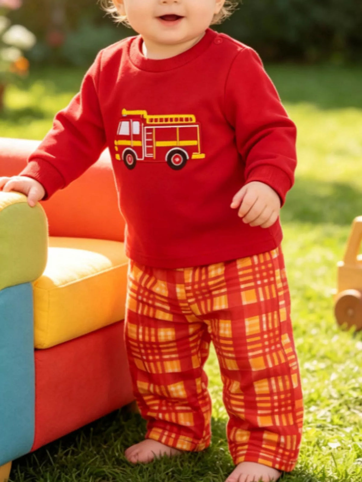 Children's Fire Truck Embroidered Top and Pants Set - WYNFLARE