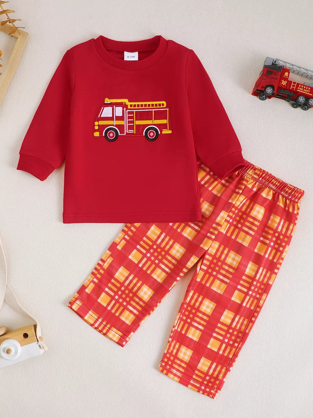 Children's Fire Truck Embroidered Top and Pants Set - WYNFLARE