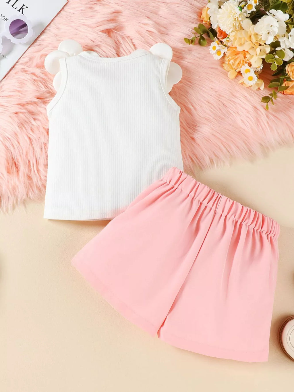 Children's Floral Applique Top & Bow Decor Skirt Set - WYNFLARE