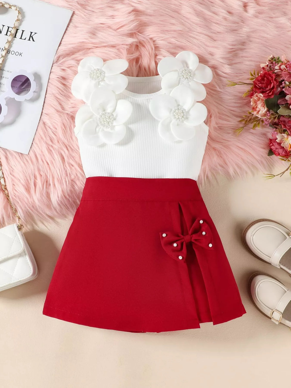 Children's Floral Applique Top & Bow Decor Skirt Set - WYNFLARE