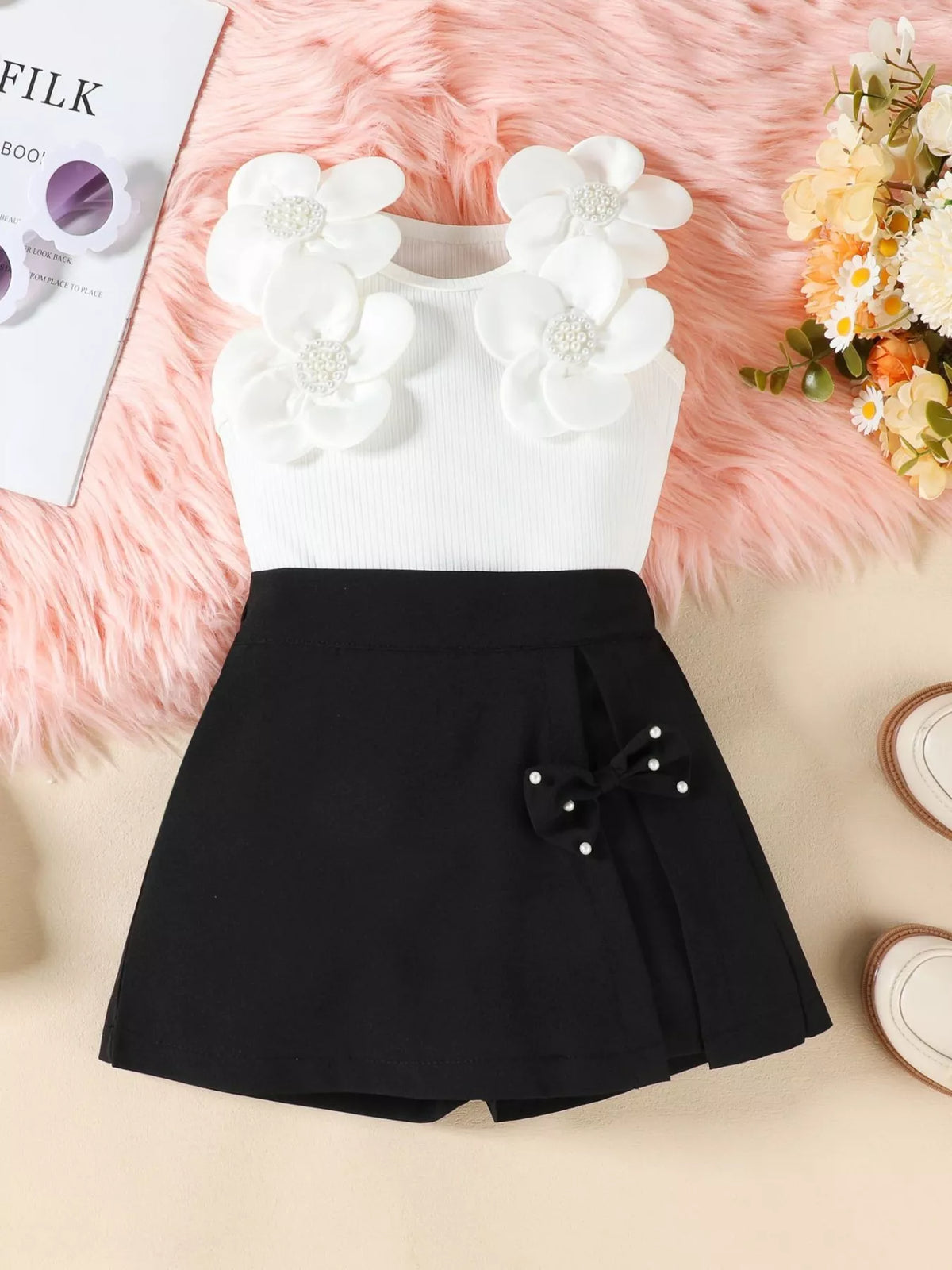 Children's Floral Applique Top & Bow Decor Skirt Set - WYNFLARE