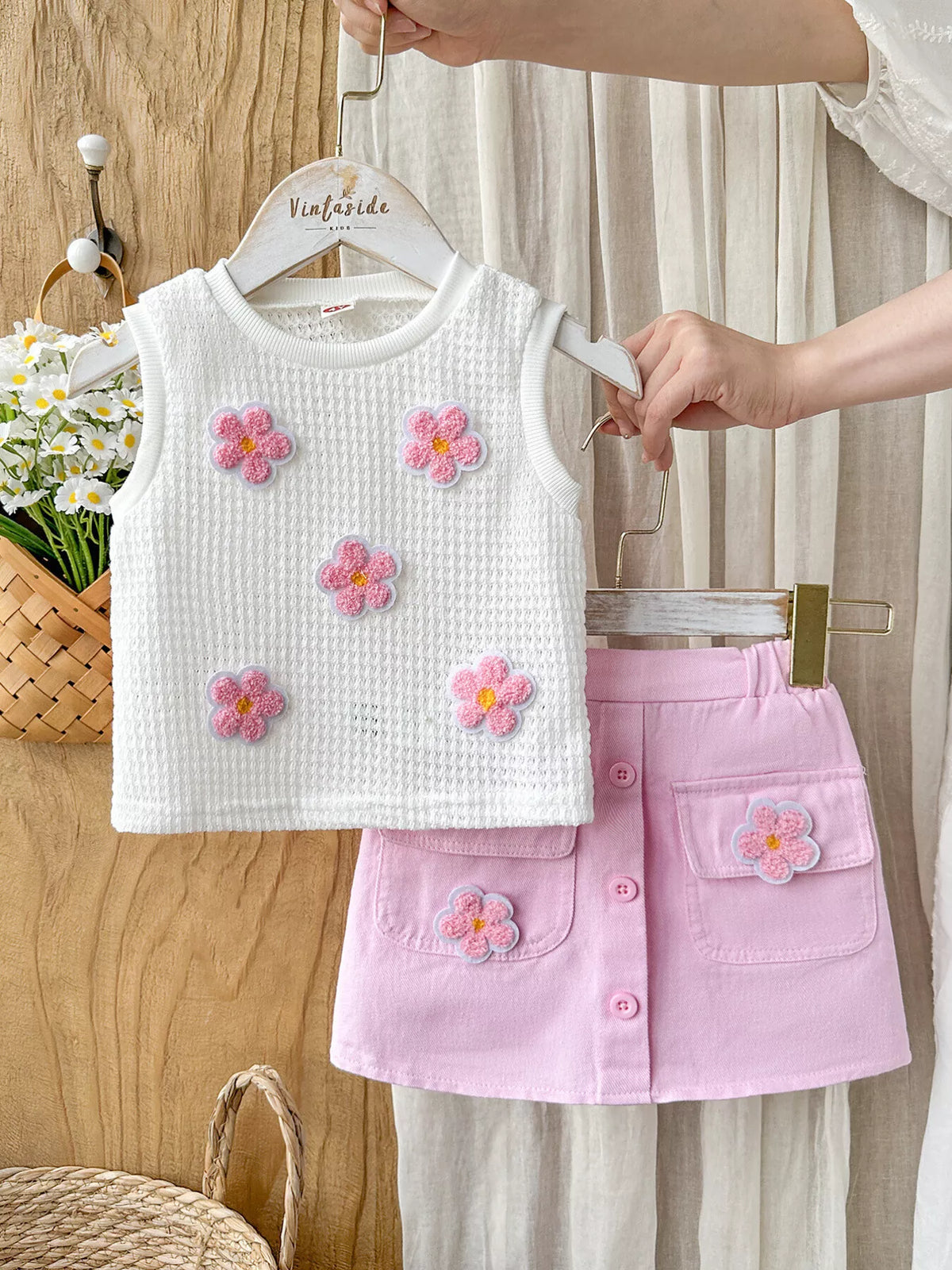 Children's Flower Sleeveless Top and Skirt Set - WYNFLARE