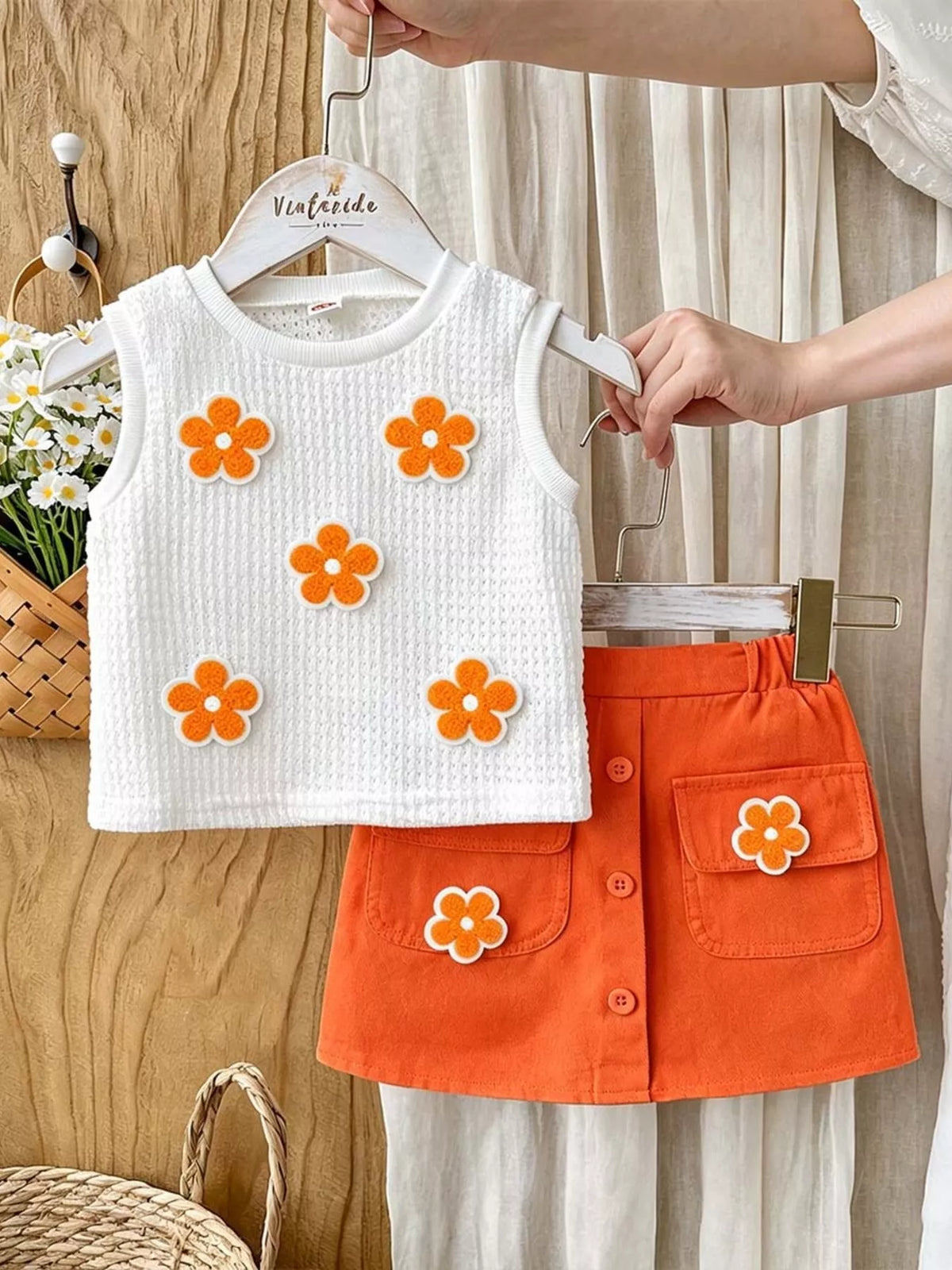 Children's Flower Sleeveless Top and Skirt Set - WYNFLARE