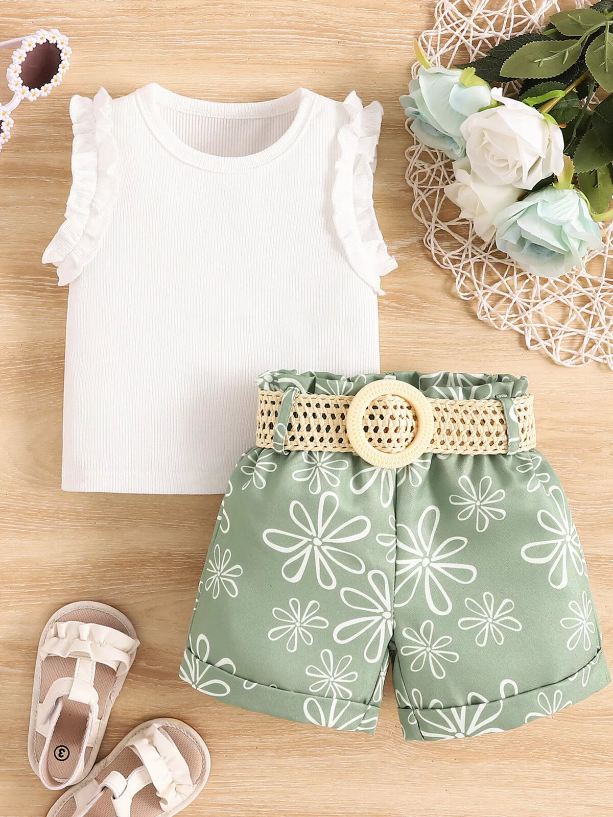 Children's Frill Sleeveless Top and Belt Shorts Set - WYNFLARE