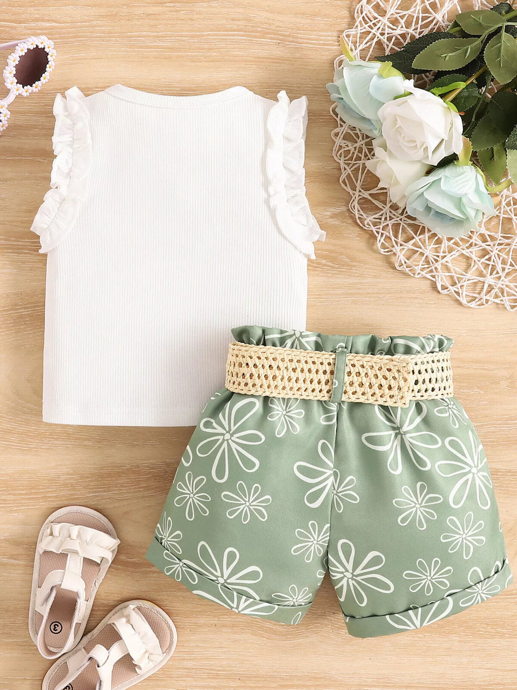 Children's Frill Sleeveless Top and Belt Shorts Set - WYNFLARE