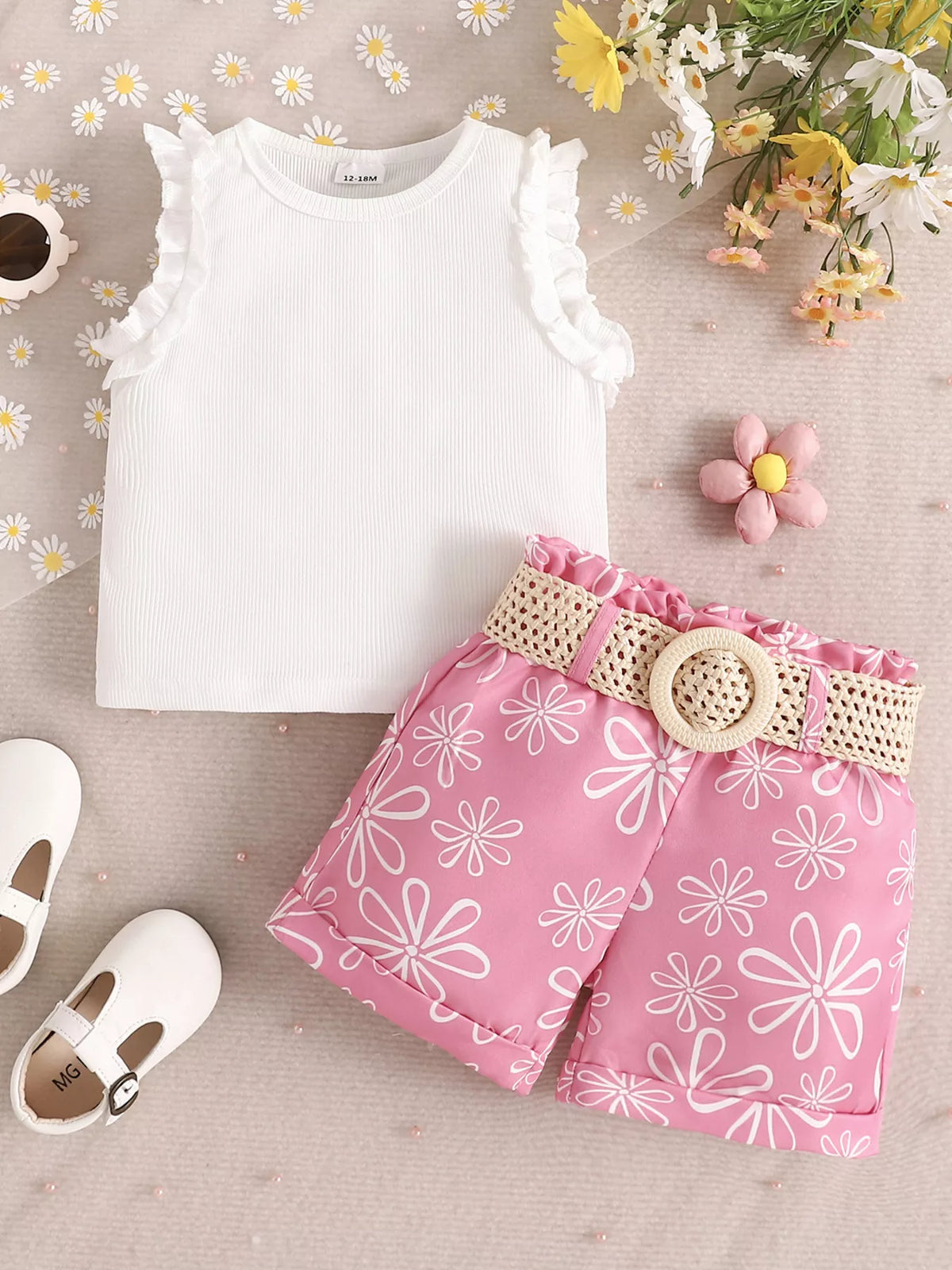 Children's Frill Sleeveless Top and Belt Shorts Set - WYNFLARE