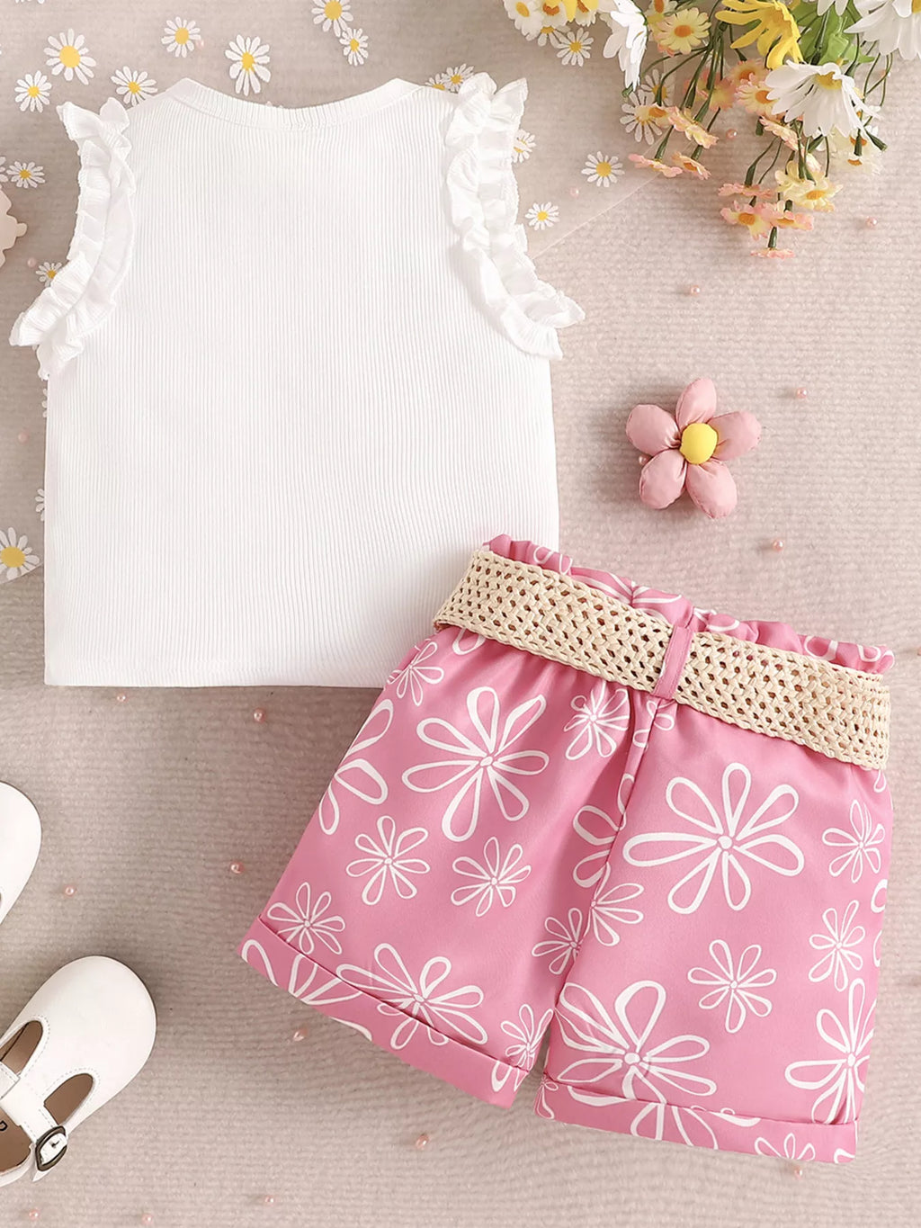 Children's Frill Sleeveless Top and Belt Shorts Set - WYNFLARE