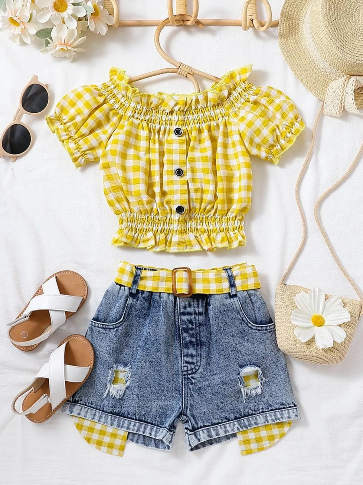 Children's Gingham Top & Denim Shorts Set - WYNFLARE
