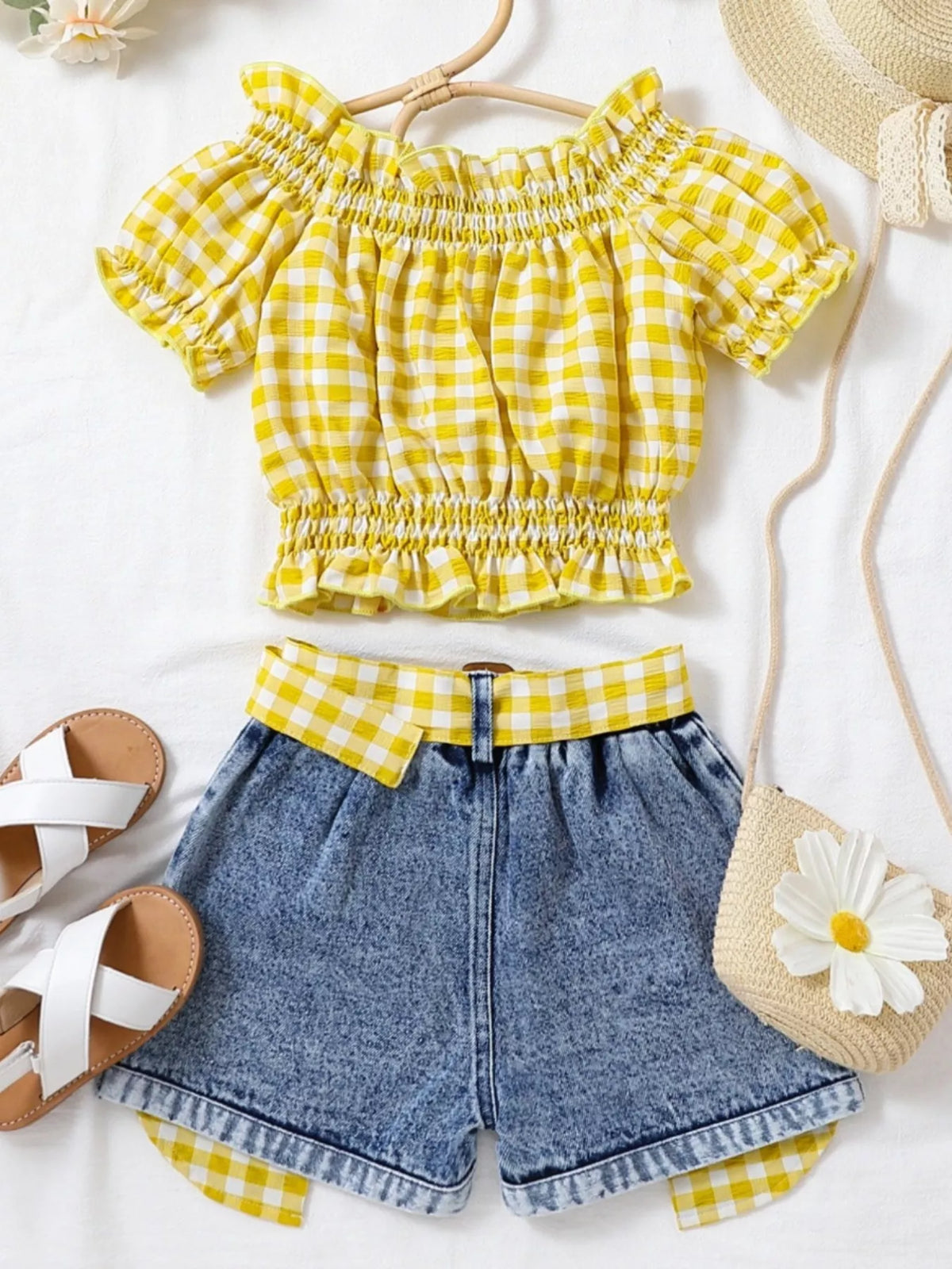 Children's Gingham Top & Denim Shorts Set - WYNFLARE