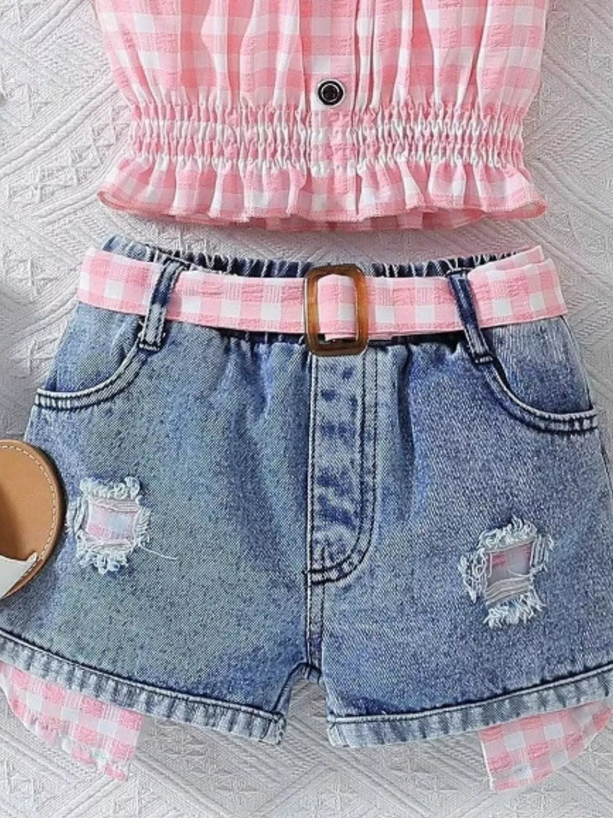 Children's Gingham Top & Denim Shorts Set - WYNFLARE