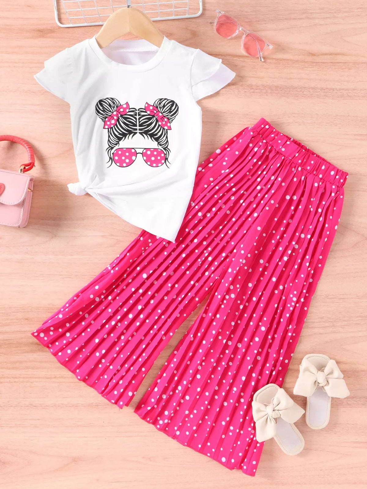 Children's Graphic Tee & Polka Dot Pleated Pants Set - WYNFLARE
