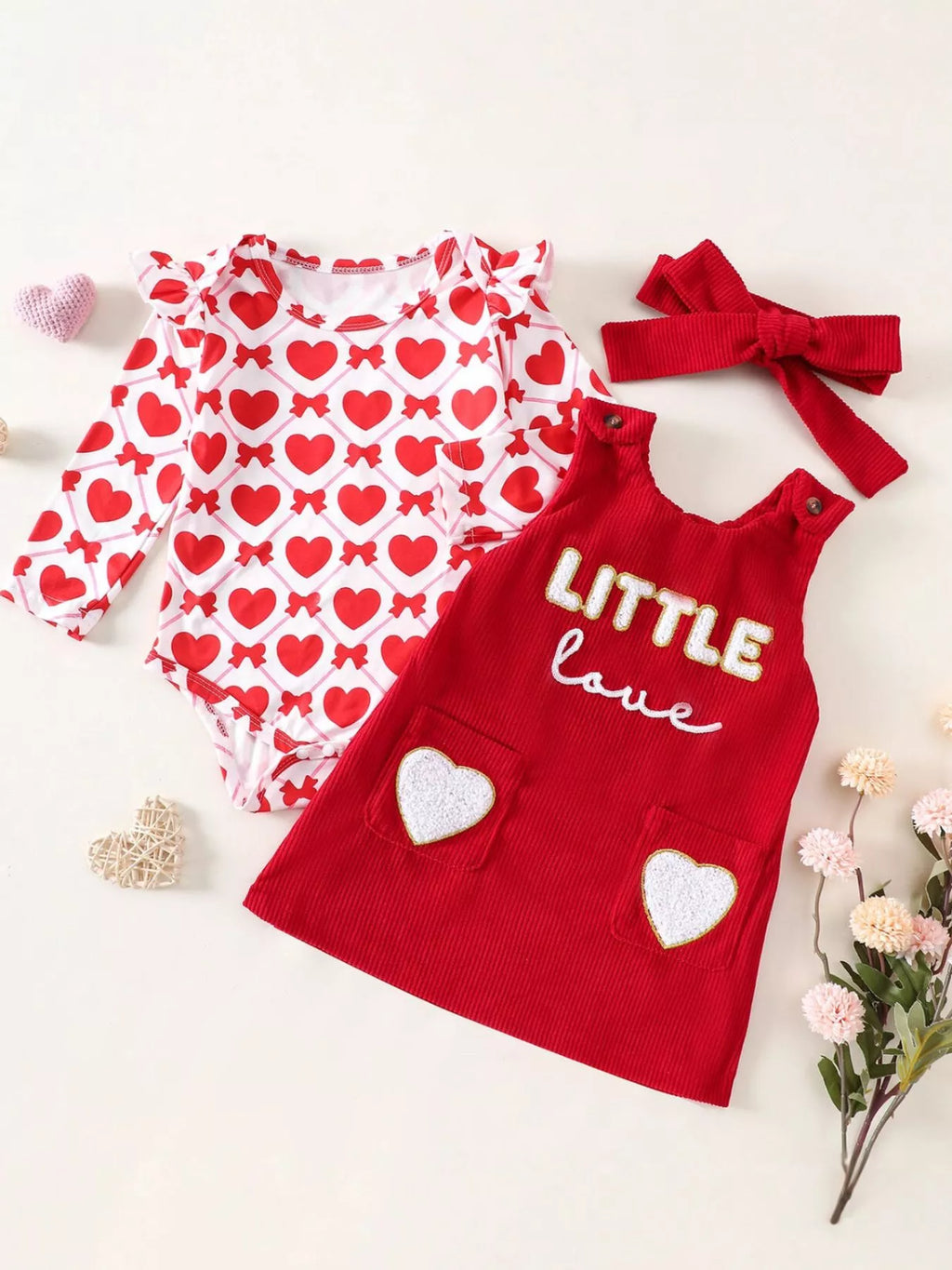 Children's Heart Print Bodysuit and Dress Outfit Set with Headband - WYNFLARE