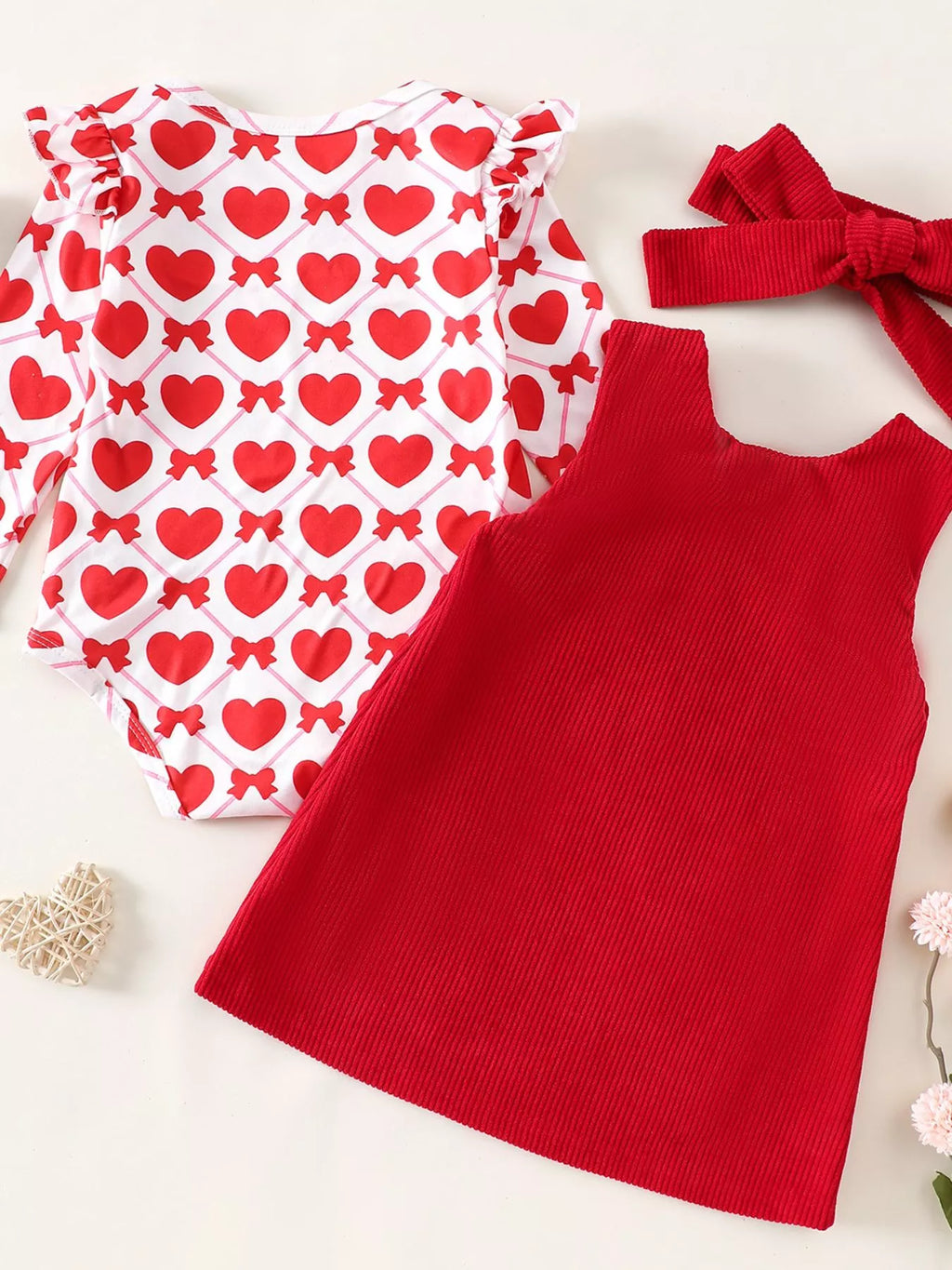 Children's Heart Print Bodysuit and Dress Outfit Set with Headband - WYNFLARE