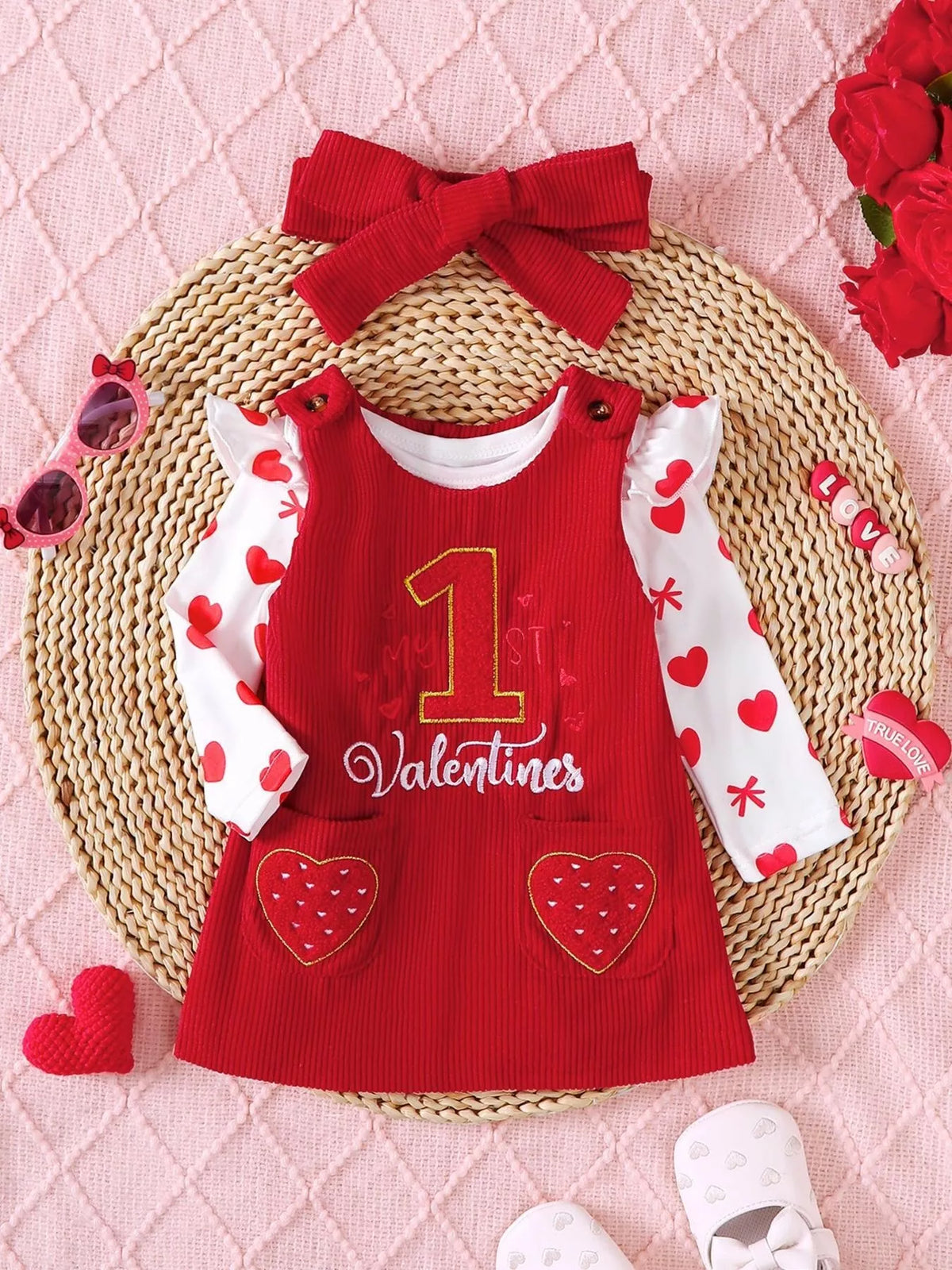 Children's Heart Print Bodysuit and Dress Outfit Set with Headband - WYNFLARE