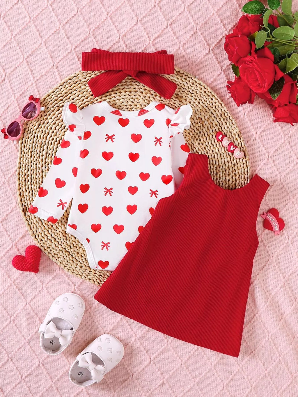 Children's Heart Print Bodysuit and Dress Outfit Set with Headband - WYNFLARE