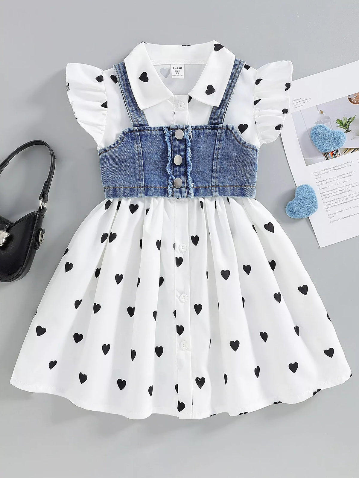 Children's Heart Print Dress & Denim Cami Set - WYNFLARE