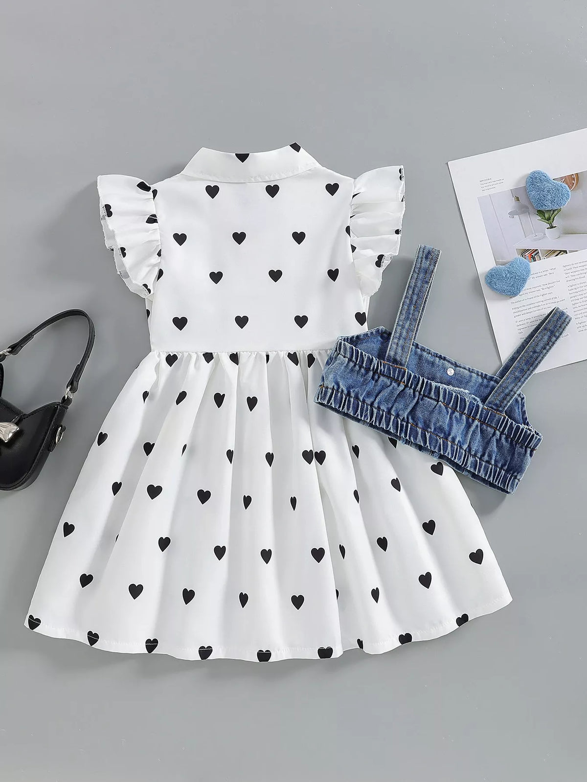 Children's Heart Print Dress & Denim Cami Set - WYNFLARE